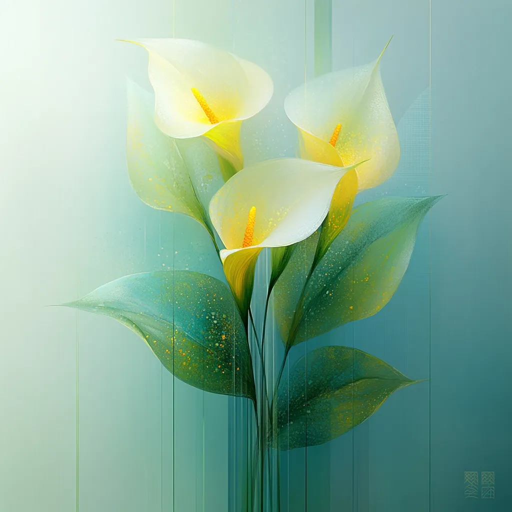 A digital painting showcases three elegant white calla lilies, their yellow centers vividly contrasting against the soft, pale green background.  The lilies' smooth petals and verdant leaves are rendered with a painterly style, featuring subtle hints of light and shadow.  The overall effect is serene and evokes a sense of calmness and tranquility. The background features vertical lines suggesting movement or depth.