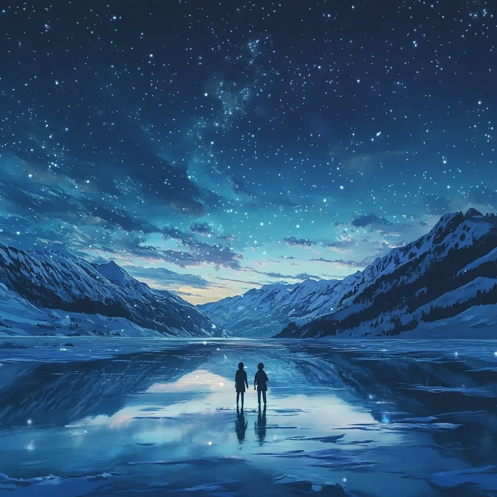 Two silhouetted figures stand on a frozen lake, gazing at a breathtaking night sky.  The vast expanse of the lake mirrors the starry heavens, reflecting the snow-capped mountains that rise majestically on either side.  A serene and tranquil scene, bathed in the cool light of a winter night. The scene evokes a sense of wonder and peace.