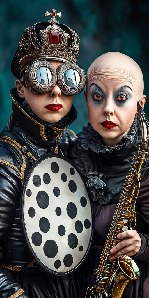 A captivating portrait of two individuals in elaborate steampunk-inspired costumes. One wears a crown and goggles, while the other, bald, holds a saxophone.  Their attire is dark and dramatic, featuring metallic accents and bold makeup.  The background is a moody, textured backdrop enhancing the overall mysterious and artistic feel.  A large, polka-dotted shield adds to the image's unique visual elements.