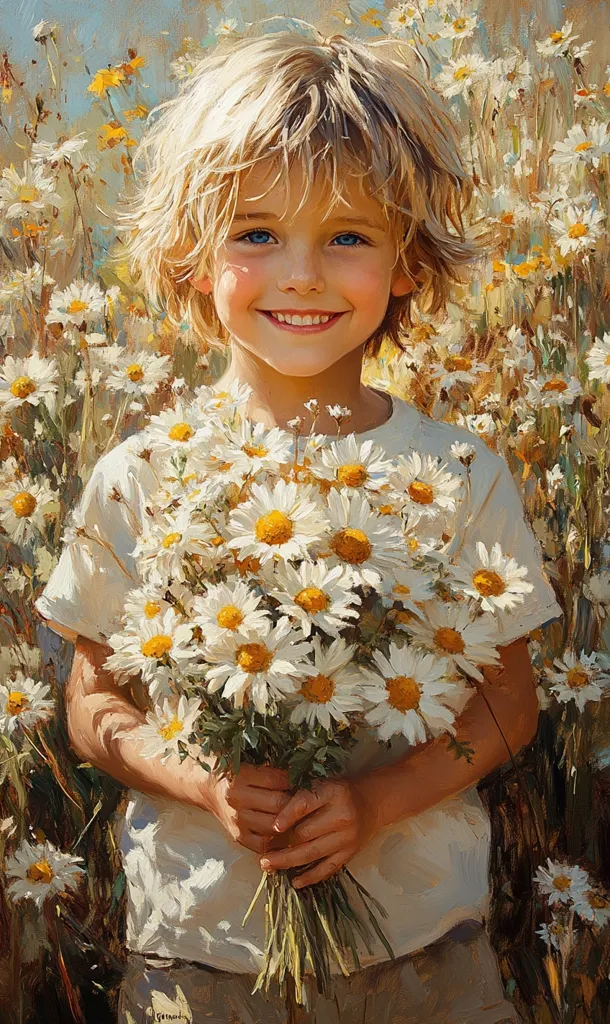 A painting of a young child with blond hair and bright blue eyes stands amidst a field of daisies.  The child holds a large bouquet of the same flowers close to their chest, their smile radiant.  The style is impressionistic, with visible brushstrokes conveying sunlight and texture. The overall feeling is one of innocence and joy, capturing a moment of childlike wonder in nature.