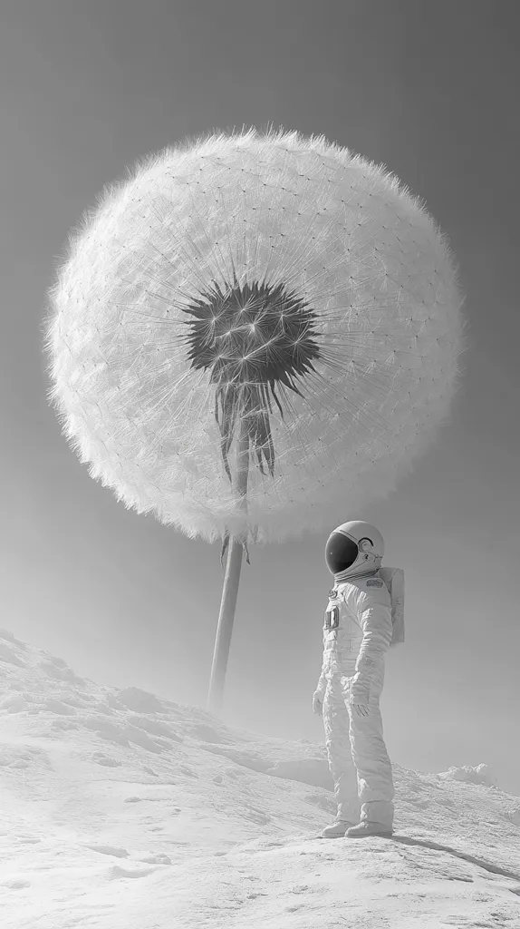 A grayscale image depicts a colossal dandelion seed head towering over a lone astronaut standing on a snow-covered landscape.  The immense scale of the dandelion emphasizes the vastness of the scene. The astronaut, in full spacesuit, appears small against the background, creating a sense of isolation and wonder.  The monochromatic palette enhances the surreal and dreamlike quality of the image.