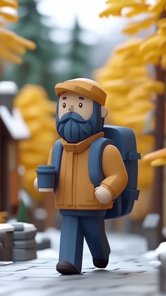 A charming 3D-rendered character, a bearded man in an orange jacket and blue pants, strolls along a cobblestone path. He carries a backpack and a to-go cup, suggesting a journey.  The autumnal backdrop features blurred trees with yellow leaves, creating a cozy and peaceful ambiance. The style is simplistic yet expressive, emphasizing the character's friendly nature.
