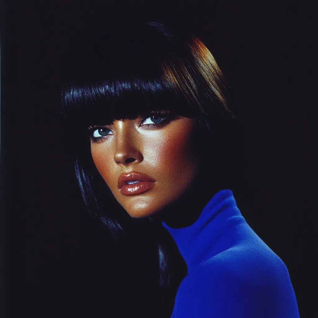 A close-up portrait of a woman with dark, blunt-cut bangs and sun-kissed skin.  She wears a vibrant cobalt blue turtleneck sweater.  Her expression is intense, her gaze directed slightly away from the camera. The lighting is dramatic, highlighting her features and creating a strong contrast against the dark background.