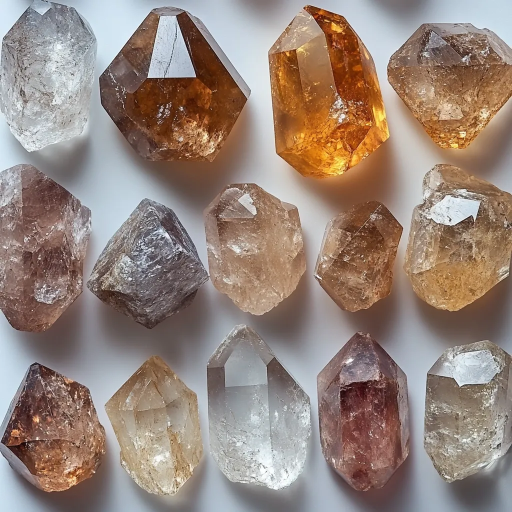 A collection of tumbled smoky quartz and citrine crystals in various shades of brown, amber, and clear.  The stones are roughly shaped and displayed against a white background, showcasing their natural variations in color and clarity.  The image highlights the translucent quality and unique formations of each individual crystal.