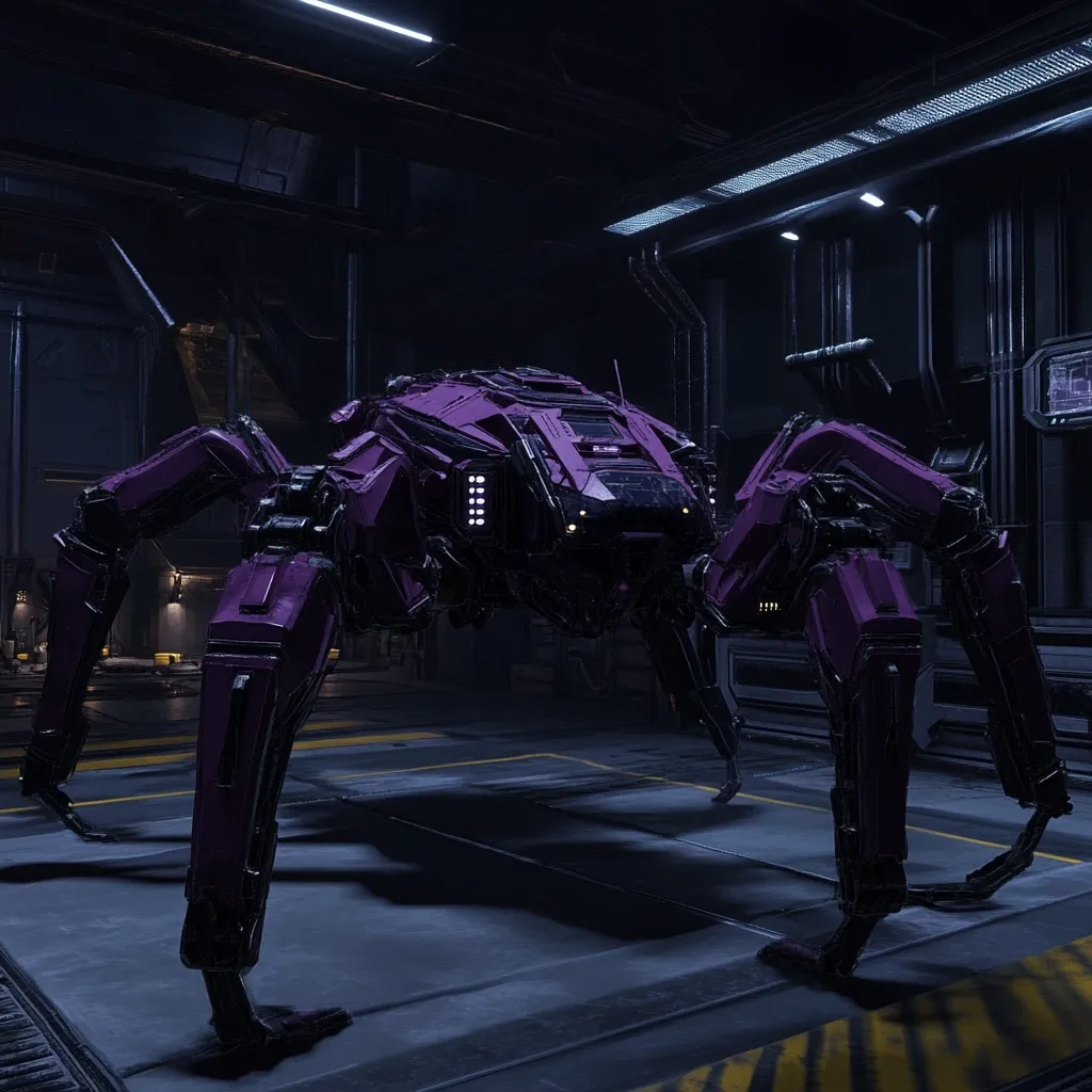A dark purple, spider-like mech stands in a dimly lit hangar. Its segmented legs are long and slender, supporting a boxy, armored body.  Numerous lights and details are visible on its chassis. The hangar's metallic structure and muted lighting create a futuristic, industrial atmosphere.  The mech appears powerful and imposing.