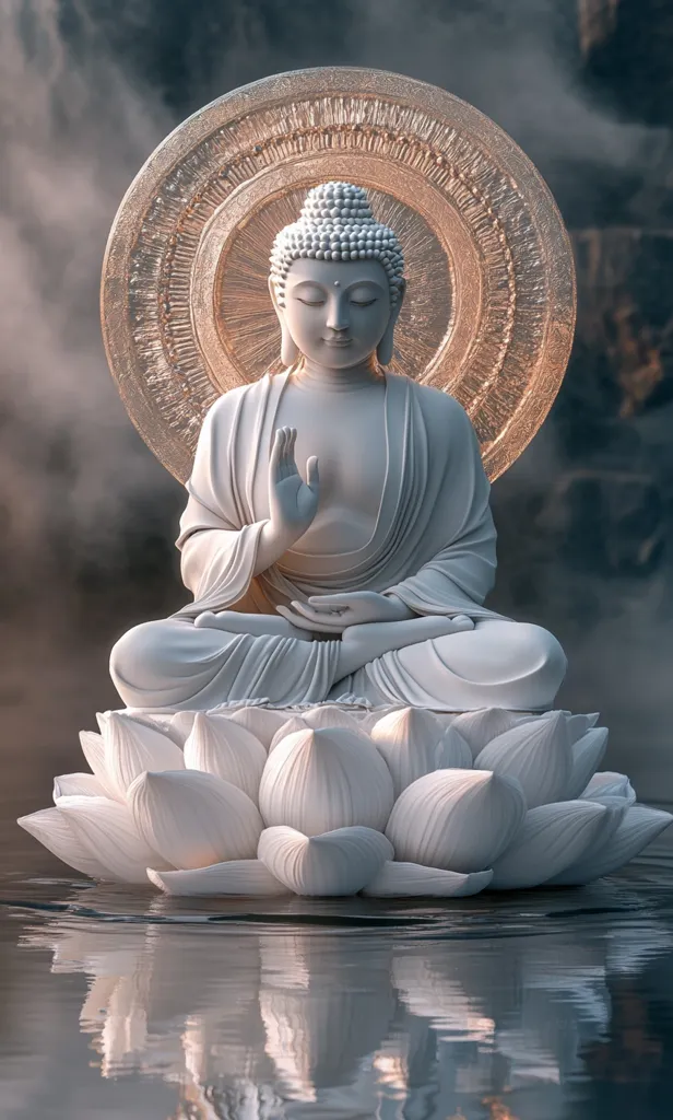 A serene white Buddha statue sits cross-legged atop a lotus flower, afloat on calm water.  The statue is detailed, with a peaceful expression. A large, ornate golden halo encircles the Buddha's head, adding to the image's spiritual ambiance. The background is subtly blurred, focusing attention on the statue and reflecting its serenity. The overall mood is one of tranquility and enlightenment.