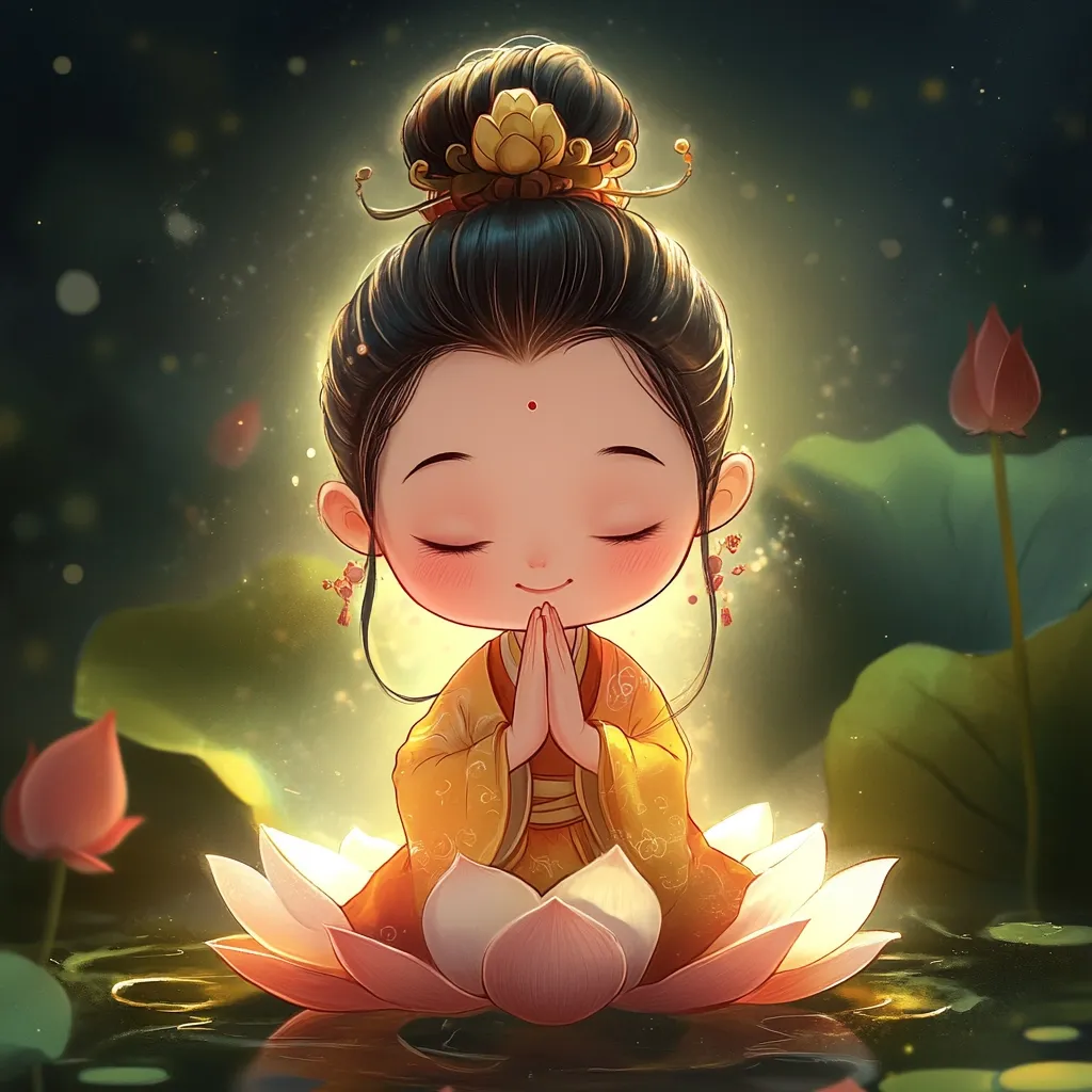 A serene digital painting depicts a chibi-style girl, adorned in traditional East Asian attire, seated peacefully atop a blooming lotus flower.  Her eyes are closed, hands clasped in prayer, radiating a gentle aura.  Surrounding her are more lotus blossoms and leaves, all bathed in soft, warm light, creating a tranquil and spiritual atmosphere. The overall style is cute and whimsical.