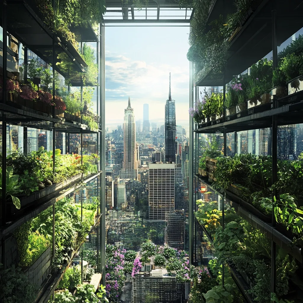 A futuristic indoor vertical farm is nestled within a skyscraper, offering a breathtaking view of the New York City skyline.  Rows of lush greenery thrive on tiered shelves, contrasting the urban landscape outside.  The image suggests a harmonious blend of nature and city life, showcasing innovative sustainable agriculture in a densely populated environment.  Sunlight streams through the glass walls, illuminating the vibrant plants.