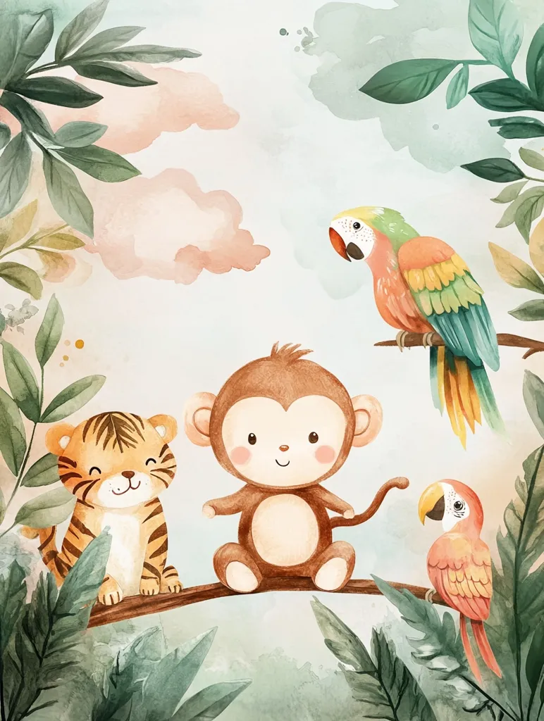 A charming watercolor illustration depicts a whimsical jungle scene.  A cute monkey sits on a branch between a friendly tiger and a vibrant parrot. Another parrot perches above, completing the adorable tableau.  Soft pastel colors and lush foliage create a peaceful and enchanting atmosphere, perfect for children's decor.