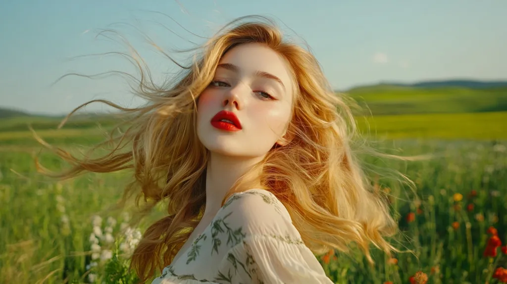 A young woman with long, flowing blonde hair stands in a field of wildflowers.  Her hair is tossed by the wind, and she wears a light, floral-print dress.  She looks directly at the camera, her expression serene.  The background is a softly blurred landscape of rolling hills and vibrant green fields under a clear sky.  The overall impression is one of youthful beauty and natural grace.