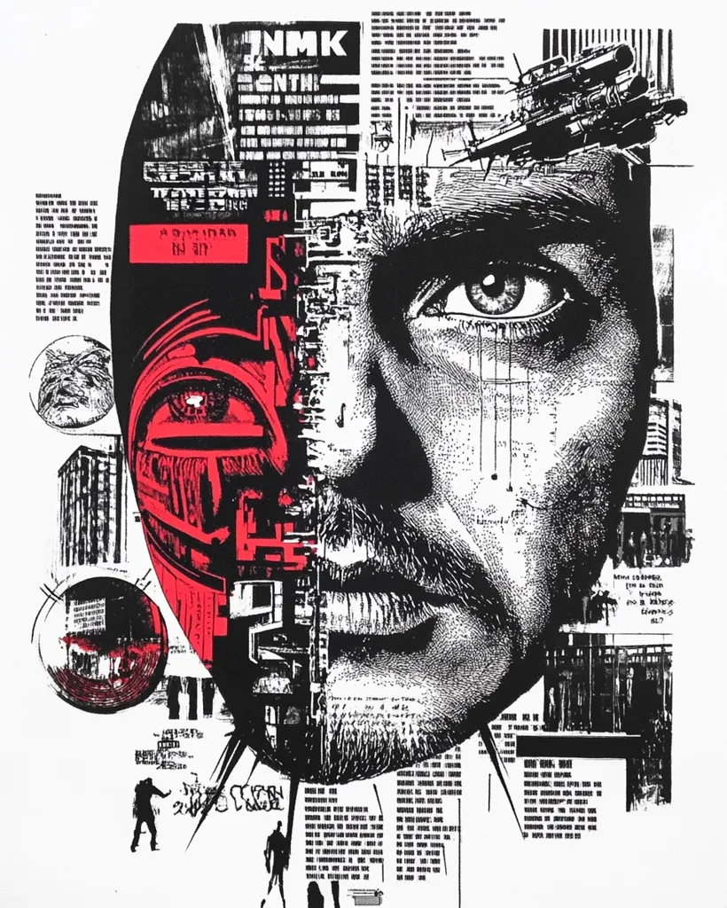 A striking black and white artwork features a fragmented face, overlaid with architectural details, text, and symbols.  The style suggests a blend of collage and printmaking. Red accents highlight parts of the face and the background elements. The overall impression is one of urban decay, technological advancement, and the human condition within a complex, possibly dystopian, context. Small figures are scattered across the bottom.