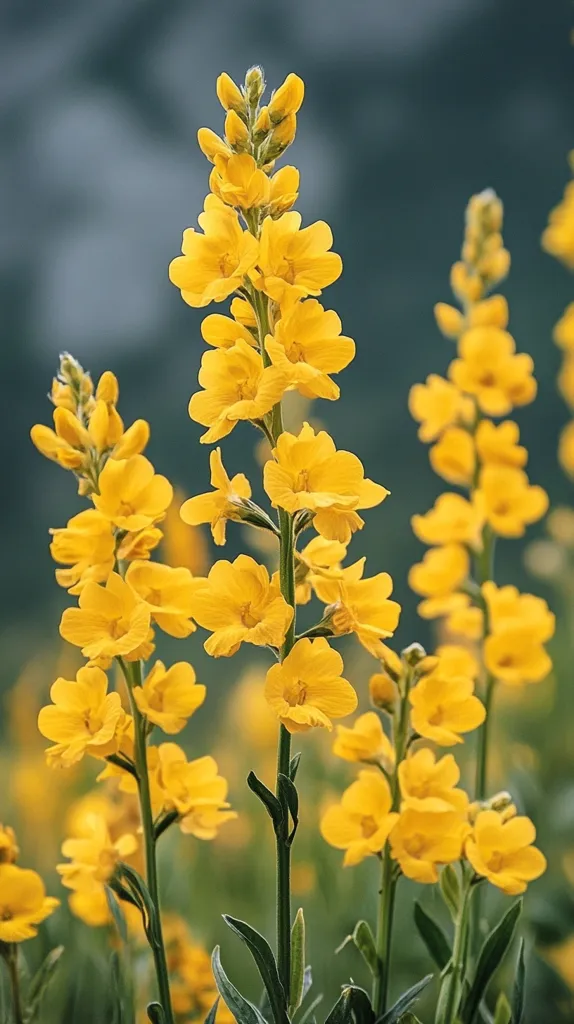 Vibrant yellow flowers, possibly a type of legume or lupine, dominate the image.  They are arranged in tall, slender stalks, each blossom a bright, sunny yellow. The flowers are sharply in focus against a softly blurred background of muted greens and grays.  The image evokes a feeling of springtime or a sunny meadow.