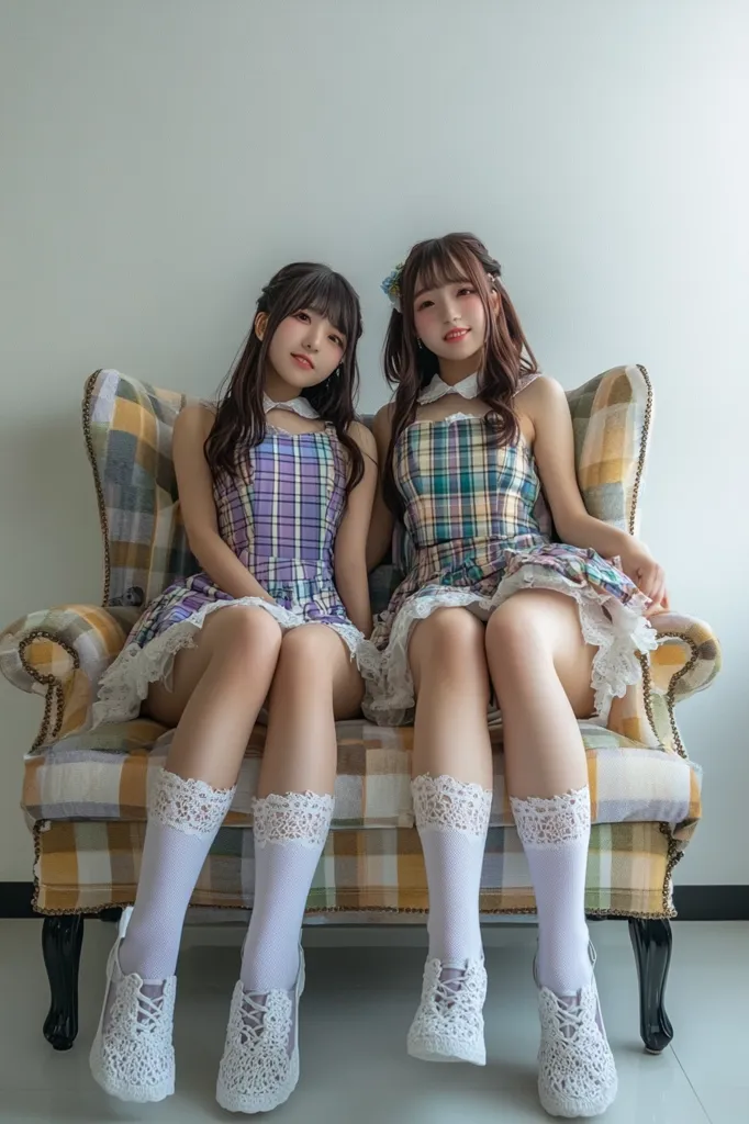 Two young women with dark hair sit side-by-side on a plaid couch.  They wear matching pastel plaid dresses with lace trim and white lace socks and crocheted shoes.  Their poses are similar, suggesting a coordinated look. The background is a plain light wall. The overall image conveys a youthful and coordinated style.
