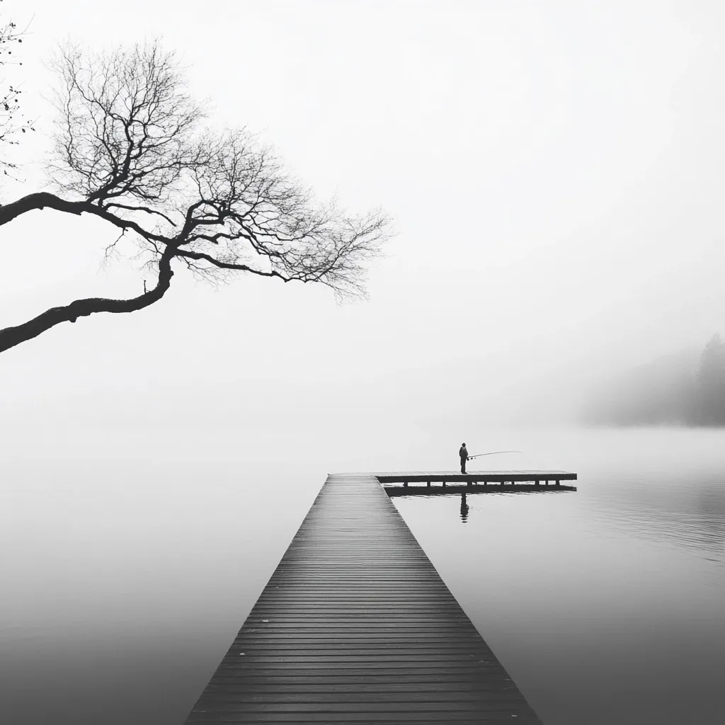 A solitary figure stands on a wooden dock extending into a misty lake.  A bare, stark tree branches to the left, creating a dramatic contrast against the calm, fog-shrouded water. The monochrome palette emphasizes the serene, almost melancholic atmosphere of the scene, highlighting the isolation and stillness.