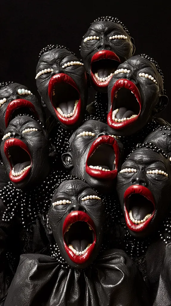 A striking close-up photograph showcases a cluster of stylized faces, seemingly sculpted from dark material.  Each face is adorned with pearl-like accents around the eyes and features exaggerated, open mouths revealing bright red lips and teeth.  The overall effect is one of powerful expression and unsettling beauty, enhanced by the dark background. The faces appear to be layered, creating a dense and textured composition.
