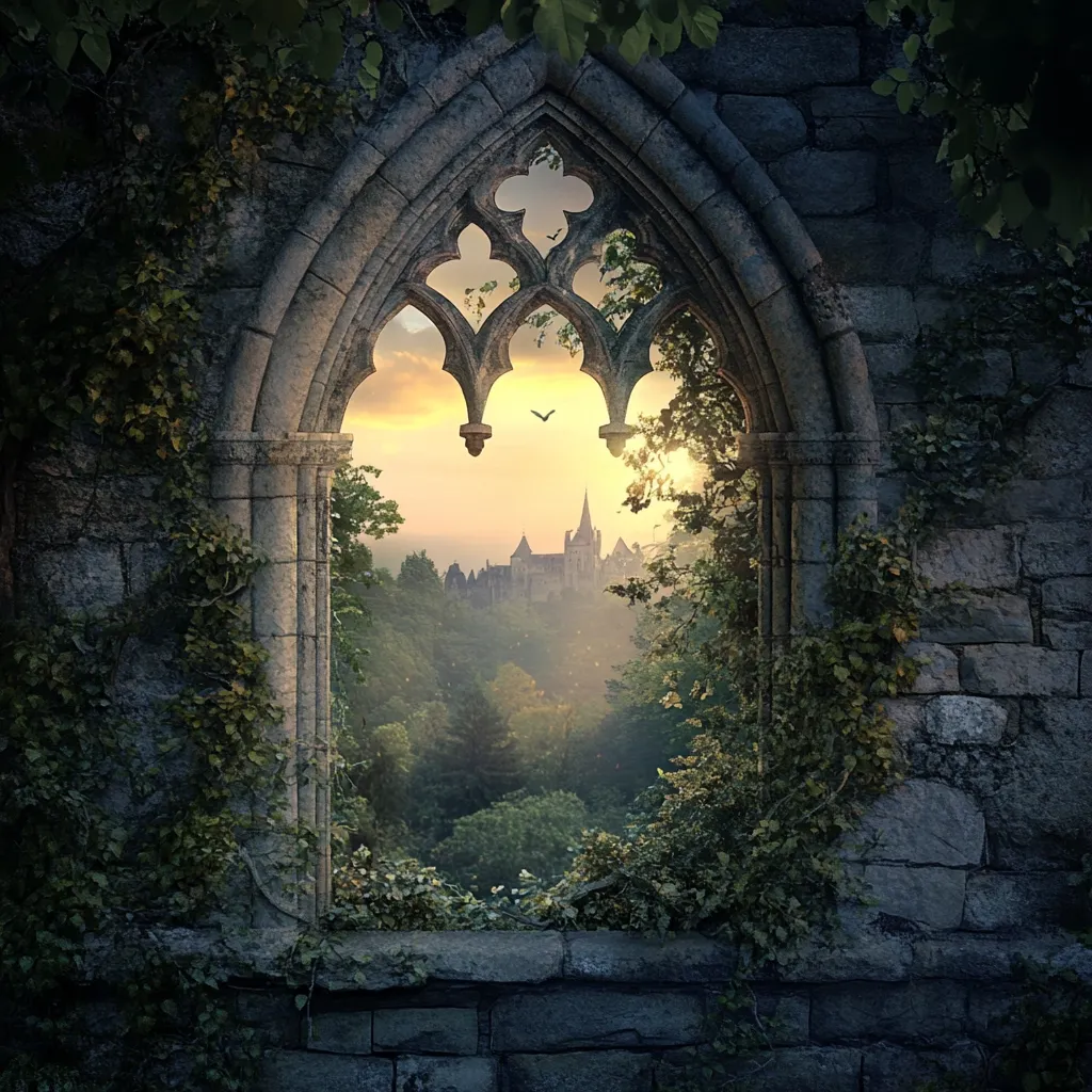 A stone archway, overgrown with ivy, frames a picturesque sunset view.  A distant fairytale castle sits nestled in a lush green forest, bathed in the golden light.  The intricate Gothic design of the window contrasts beautifully with the wild, romantic setting.  A lone bird flies across the tranquil sky, adding to the scene's serene beauty.