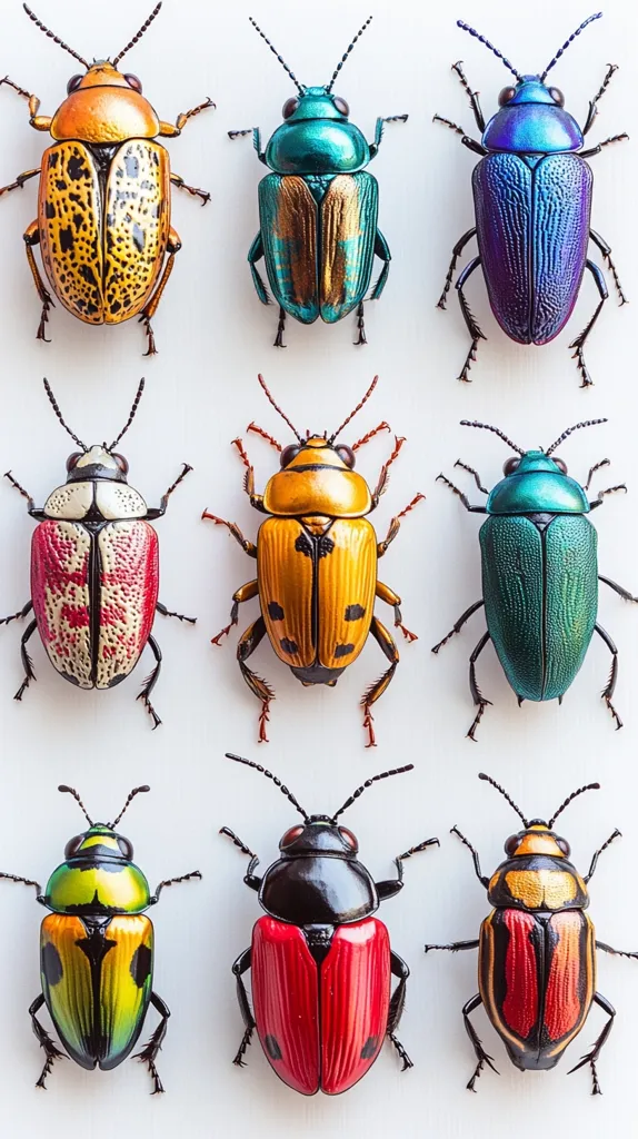 Nine vibrant jewel beetles are arranged in a grid pattern against a white backdrop.  Each beetle showcases a unique and striking combination of colors and metallic sheen, ranging from oranges and reds to blues and greens.  The beetles' intricate patterns and textures are clearly visible, highlighting their diverse beauty.  The image is a captivating display of entomological artistry.