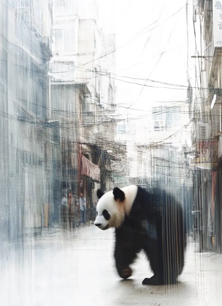 A giant panda ambles down a city street, its fur a stark contrast to the blurred, impressionistic background.  The urban scene is depicted with soft, muted colors and indistinct forms, creating a dreamlike atmosphere.  Overlapping lines suggest power lines and the dense architecture of a city alley.  The panda stands out as a symbol of nature within a human-dominated landscape.