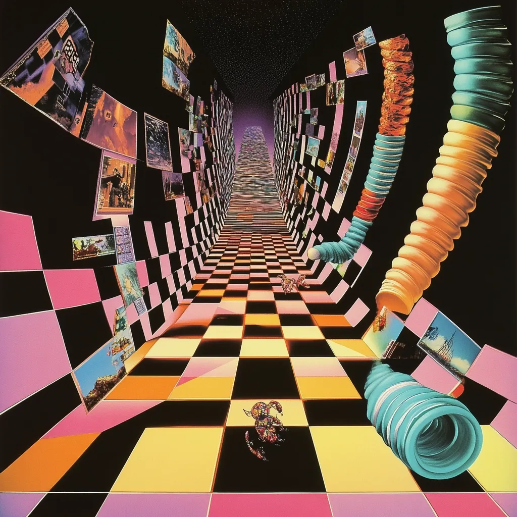 A psychedelic artwork depicts a checkered corridor receding into a star-filled distance.  Walls are adorned with fragmented photographs and vibrant, swirling, tubular forms extend across the scene.  Small, stylized figures are scattered on the floor. The overall effect is one of optical illusion and surreal depth, evoking a dreamlike or hallucinatory state.  Colors are intensely saturated and contrasting.