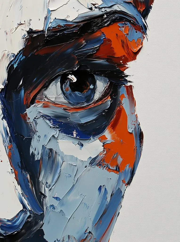 A close-up, abstract oil painting depicts a portion of a face, focusing on a striking blue eye.  The impasto technique creates thick, visible brushstrokes in blues, oranges, and blacks, suggesting depth and emotion. The style is expressive and bold, with the colors blending and contrasting dynamically. The background is a simple, off-white canvas, drawing attention to the richly textured subject.