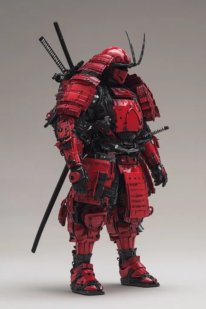 A striking image showcases a robotic samurai, clad in vibrant red armor.  The intricate design blends traditional Japanese samurai elements with futuristic robotic aesthetics.  The figure stands proudly, katana sheathed at its back, its polished red surface reflecting light.  The contrast of red and black creates a visually captivating and powerful presence.