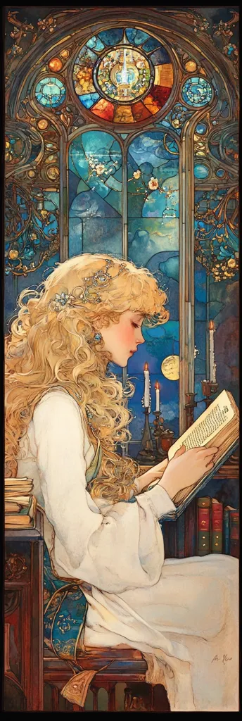 A young woman with long blonde hair, adorned with a jeweled hairpiece, sits by a stained-glass window, engrossed in a book.  The scene is bathed in the soft light of a moonlit night, with candles flickering nearby.  She wears a flowing white gown with a teal sash,  creating a serene and dreamy atmosphere. The detailed artwork suggests a style reminiscent of Art Nouveau.