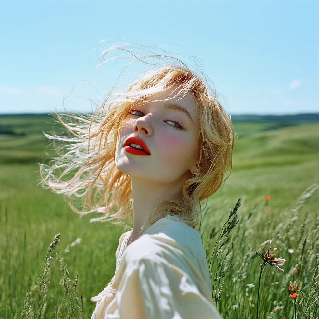 A young woman with blonde hair and bright red lipstick stands in a lush green field.  Her hair is blowing in the wind, and she looks directly at the camera. She wears a light beige, loose-fitting top. The sunlit scene evokes a feeling of carefree summer beauty.