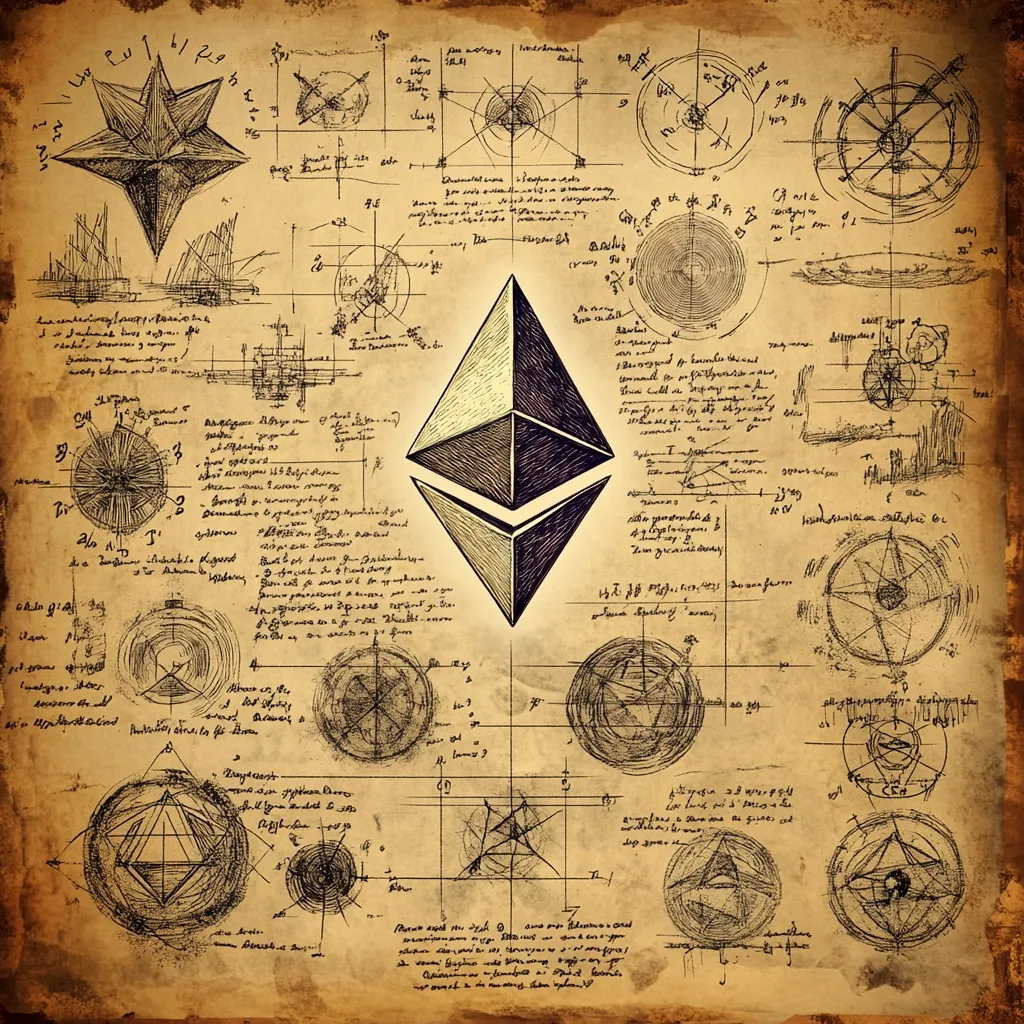An image depicting the Ethereum cryptocurrency symbol prominently displayed on an antique parchment background.  The parchment is filled with intricate geometric drawings and sketches reminiscent of Leonardo da Vinci's notebooks, creating a sense of mystery and historical significance around the modern digital currency.  The style suggests a blend of old-world craftsmanship and cutting-edge technology.