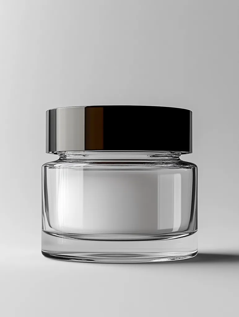 A cylindrical glass jar with a dark metallic lid sits on a light gray surface.  The jar is transparent, showing a white cream or lotion inside.  The design is simple and elegant, suggesting a high-end cosmetic or skincare product. The lighting is soft and even, highlighting the clean lines of the container.