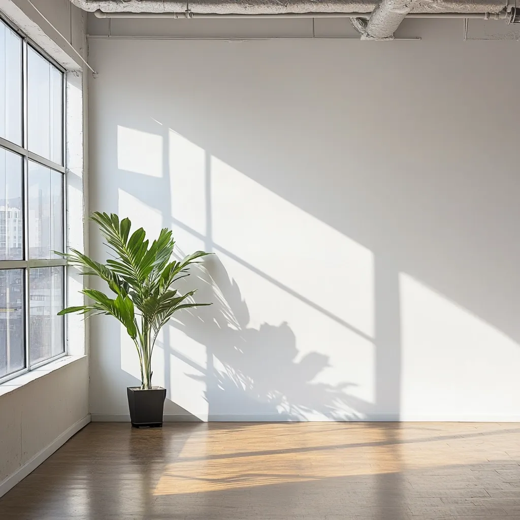 A minimalist room features a large window letting in bright sunlight, casting shadows on a white wall.  A potted palm plant sits in the corner, adding a touch of greenery to the otherwise empty space. The hardwood floor reflects the light, completing the bright and airy atmosphere. The exposed ceiling pipes add an industrial touch.