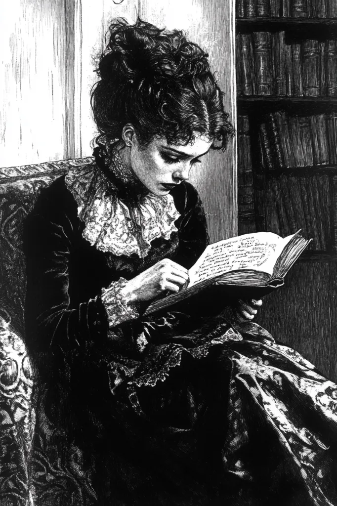 A black and white illustration depicts a woman in a dark, lacy dress seated in a chair, engrossed in a book.  Her dark hair is styled up, and she's positioned near a bookshelf filled with numerous volumes. The image is detailed, with intricate shading and linework creating a sense of depth and texture in the woman's clothing and the surrounding environment. The overall mood is one of quiet contemplation and literary absorption.