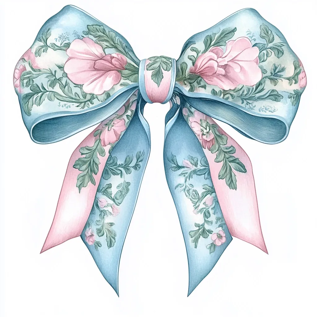 A watercolor painting depicts a large, meticulously detailed bow.  The bow is predominantly light blue, adorned with a delicate pattern of pale pink flowers and green foliage.  Pink ribbon accents are subtly incorporated into the design. The overall style is elegant and feminine, suggesting a delicate and romantic aesthetic. The bow is presented against a stark white background, emphasizing its intricate details.