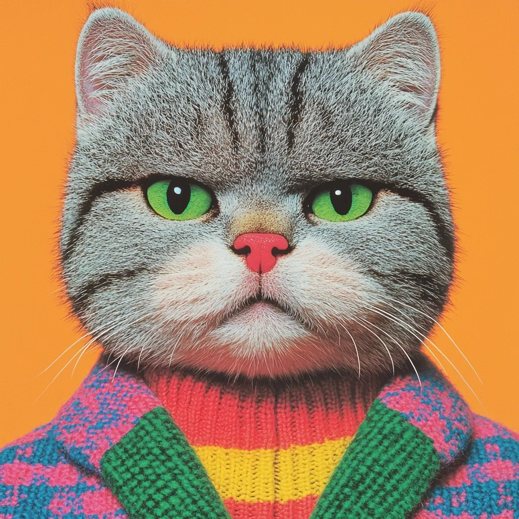 A grumpy-looking gray cat with bright green eyes is the focus of this close-up image.  The cat is wearing a colorful, knitted sweater and matching cardigan, adding a humorous contrast to its serious expression. The vibrant orange background further emphasizes the cat's features and attire. The overall style is bold and playful.
