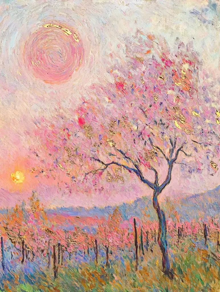 A vibrant painting depicts a blossoming tree in a pastel landscape.  Pink and gold hues dominate, with a stylized sun in the upper left corner.  The tree stands prominently, its branches laden with flowers, against a backdrop of rolling hills and a vineyard.  The style suggests Impressionism, with visible brushstrokes creating a textured and dreamlike effect.  Gold accents are scattered throughout, adding a touch of luminosity.