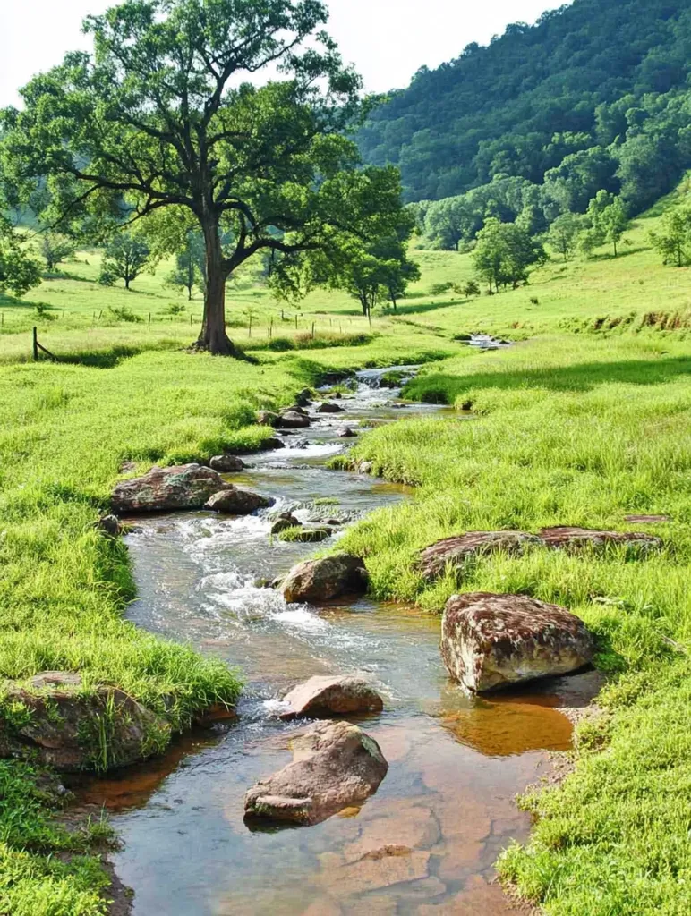 A serene stream meanders through a lush green valley.  Large rocks line the stream bed, and a majestic tree stands prominently in the foreground.  The valley is surrounded by verdant hills under a bright sky, creating a peaceful, idyllic landscape.  The scene is tranquil and evokes a sense of natural beauty.