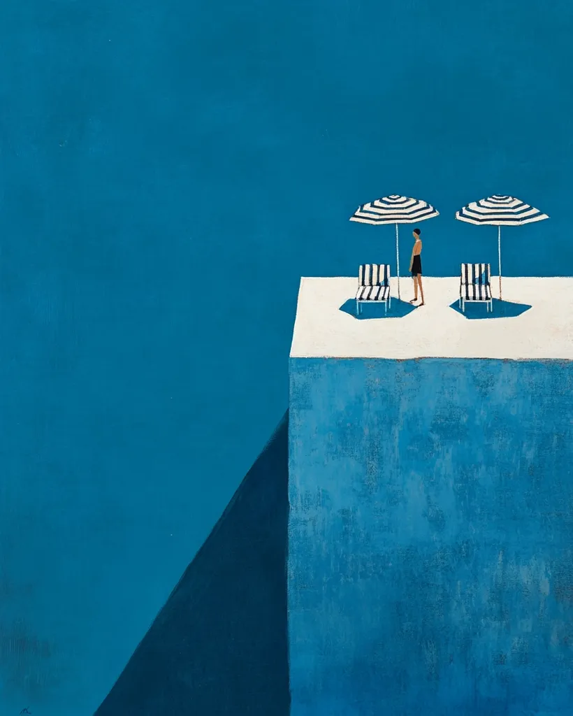 A minimalist painting depicts a lone figure standing on a white platform jutting out over a deep blue sea.  Two striped beach umbrellas and matching chairs flank the person, creating a stark contrast against the vast expanse of water. The scene evokes a sense of solitude and contemplation, the simple forms emphasizing the dramatic drop-off into the ocean. The predominantly blue palette enhances the feeling of serene isolation.