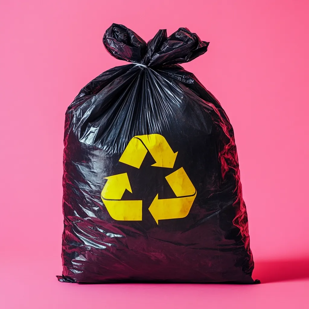 A black plastic garbage bag stands against a vibrant pink background.  A prominent yellow recycling symbol is displayed on its front. The bag is full and tied at the top, suggesting it's ready for disposal or recycling.  The contrast between the dark bag and bright background makes the recycling symbol particularly noticeable.