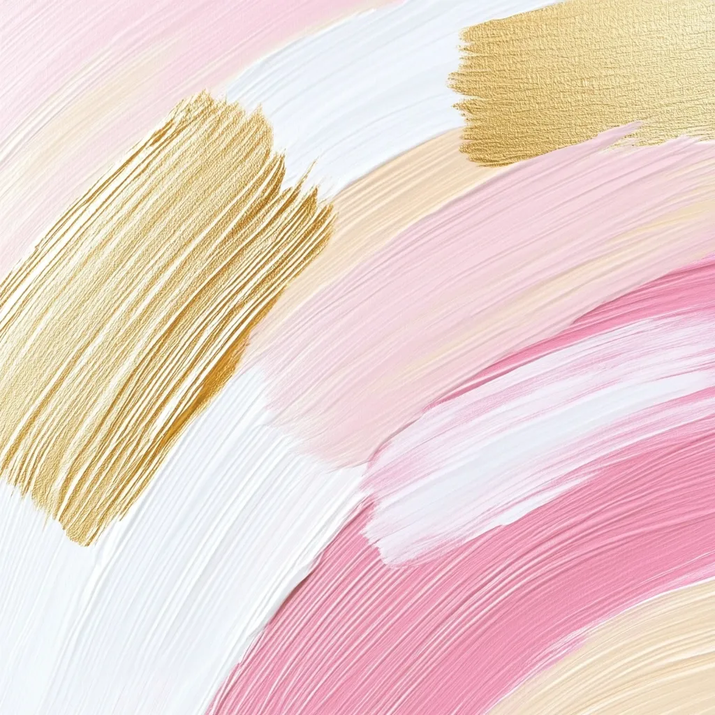 An abstract painting features overlapping brushstrokes of soft pink, white, beige, and gold. The strokes are thick and textured, creating a sense of movement and depth.  The gold accents add a touch of luxury to the predominantly pastel palette. The overall effect is a dreamy and elegant composition.