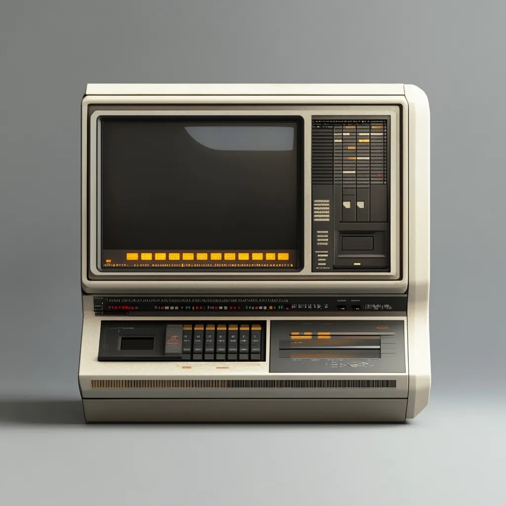 A vintage beige computer, reminiscent of 1980s technology, is presented.  It features a built-in monochrome CRT monitor, a compact keyboard with function keys, and a control panel with numerous switches and indicators. The overall design is boxy and utilitarian, showcasing the aesthetic of early personal computers.  The computer sits on a plain gray background.