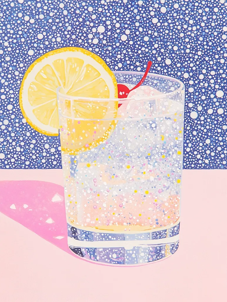 A Tom Collins cocktail is depicted in a vibrant, stylized painting.  The glass is filled with a sparkling, pastel-colored liquid, garnished with a lemon wedge and a cherry.  The background features a dense pattern of small blue and white dots, creating a textured, starry effect.  The drink casts a soft, pink shadow on the pink surface below.  The overall style is playful and whimsical.