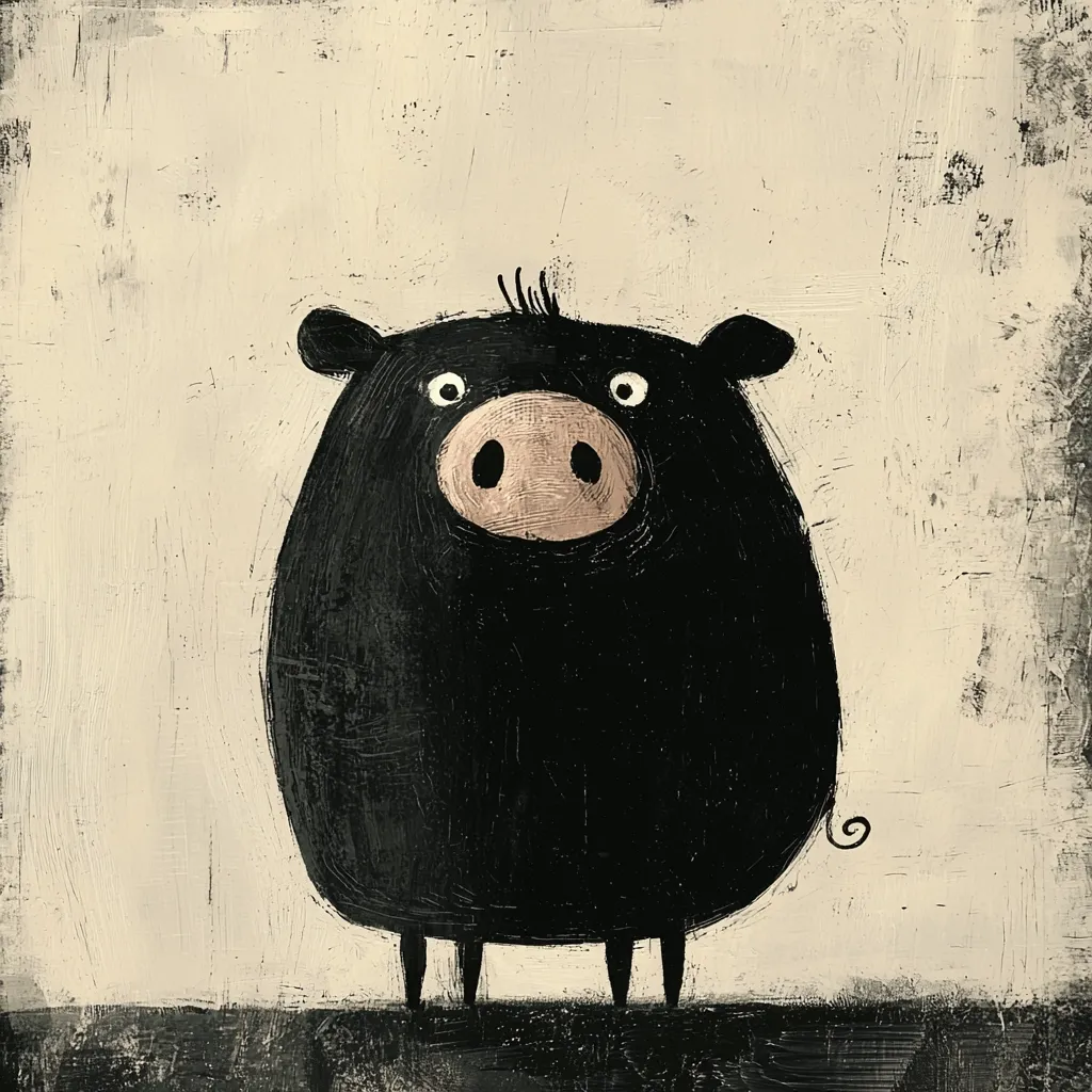 A stylized illustration of a black pig stands against a textured, off-white background.  The pig is depicted in a simplistic, almost cartoonish manner, with large, round eyes and a slightly curved snout. Its body is round and plump, and it has short, stubby legs. The artwork's texture suggests a painting with visible brushstrokes. The overall style is playful yet slightly melancholic.