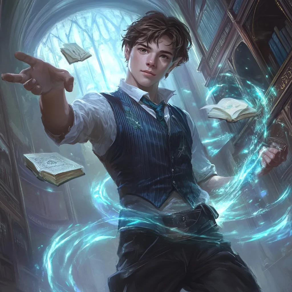A young man with brown hair, wearing a blue waistcoat and white shirt, stands amidst swirling teal magic.  Books float around him, suggesting arcane abilities.  He's positioned in a dimly lit library, the background hinting at a scholarly or magical setting.  His expression is calm and focused, conveying a sense of control over his powers.