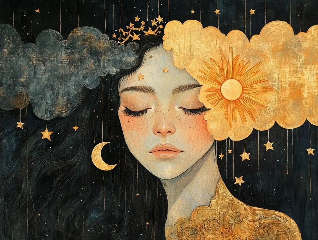 A dreamy illustration depicts a serene woman with eyes closed, her face partially obscured by celestial clouds. One side showcases a dark, stormy cloud with a crescent moon, while the other features a bright sun within a golden cloud.  Gold stars hang from the clouds, adding to the ethereal atmosphere.  Her long dark hair flows around her, creating a mystical and captivating portrait. The style is painterly, using rich textures and gold accents.