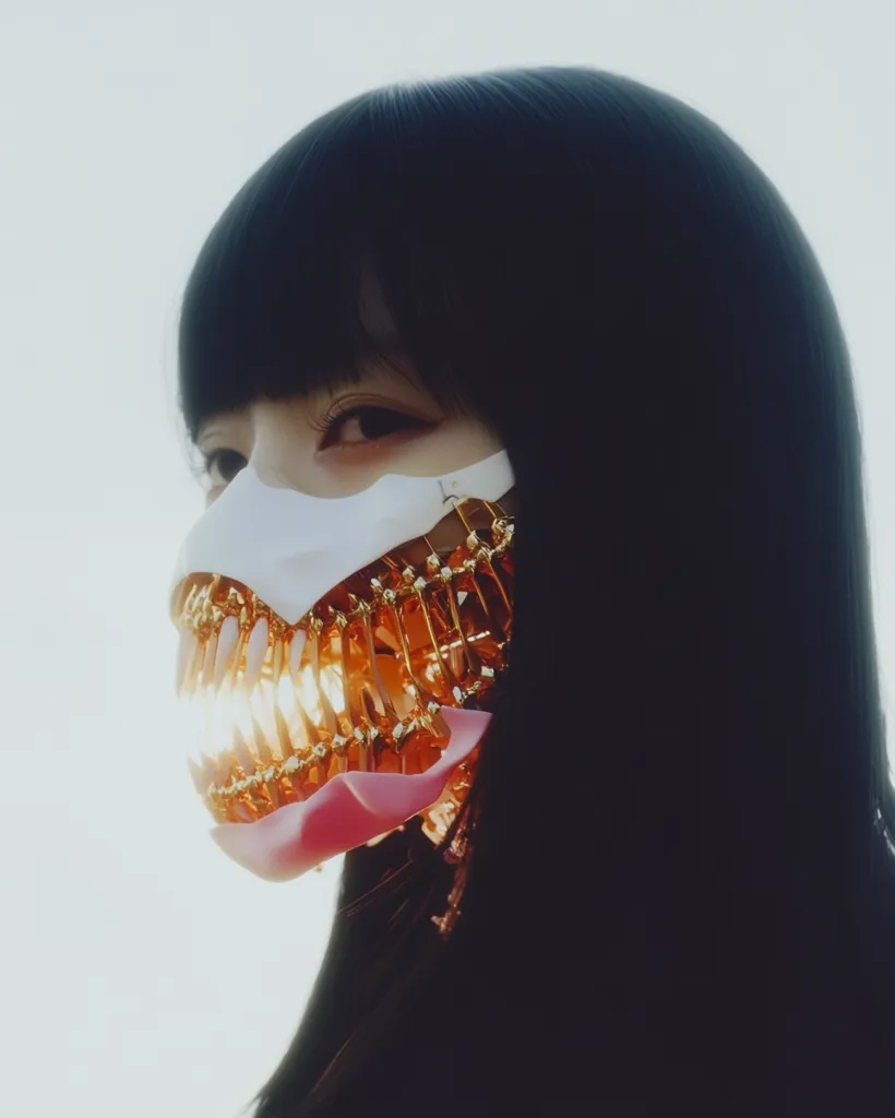Close-up profile view of a person with long black hair, partially obscuring their face.  They wear a striking, avant-garde mask. The mask is primarily white, with a lower section featuring a gold, intricate, tooth-like structure and a pink tongue-like detail.  The overall impression is one of futuristic fashion or artistic expression.