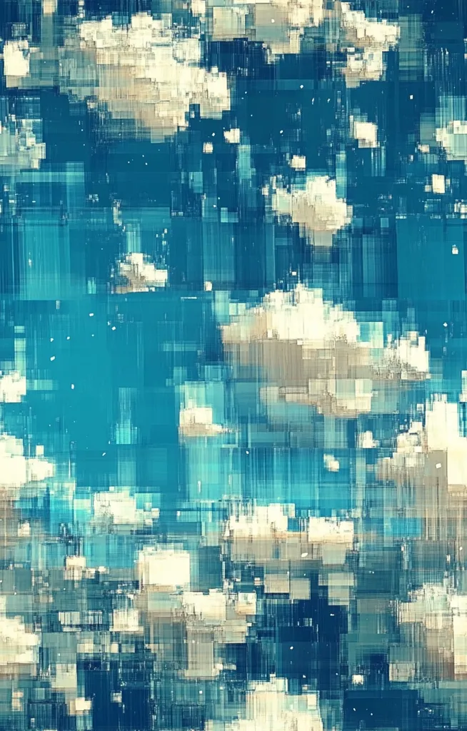 The image is an abstract artwork featuring a blend of teal and off-white hues.  The composition is comprised of rectangular blocks of varying sizes and shades, creating a fragmented, almost pixelated effect.  The off-white blocks resemble clouds scattered across the teal background, suggesting a sky-like atmosphere. The overall texture is rough and slightly distressed, adding depth and complexity to the piece.