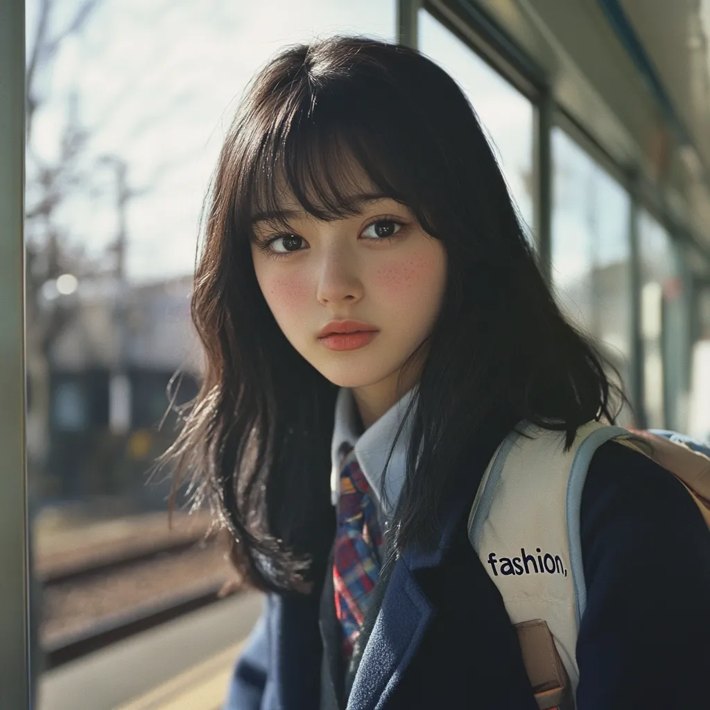 A young woman with shoulder-length black hair and bangs stands near a train window.  She's wearing a dark blazer, a light-colored collared shirt, and a plaid tie, suggesting a school uniform.  A backpack with "fashion" embroidered on it is visible.  Soft, diffused sunlight illuminates her face, which has subtly rosy cheeks.  Her expression is calm and direct, engaging the viewer.