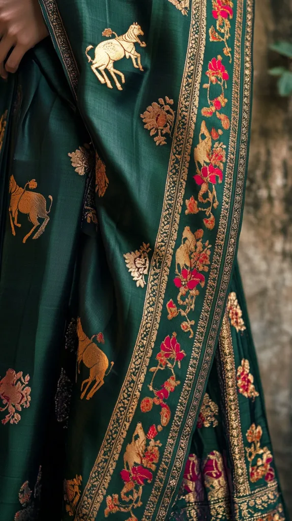 A deep green silk saree showcases intricate gold embroidery.  The design features repeating motifs of animals, likely horses or oxen, interspersed with floral patterns.  A richly detailed border complements the main body, adding to the overall luxurious and traditional aesthetic. The saree's rich color and elaborate work suggest a high-quality, possibly ceremonial, garment.