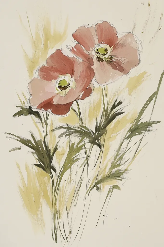 A watercolor painting depicts two delicate, blush-pink poppies emerging from a field of wheat.  The poppies are rendered with loose, expressive brushstrokes, showcasing soft petals and subtle shading. The wheat is suggested with flowing lines of pale yellow and muted greens, creating a sense of movement and light. The overall style is impressionistic, emphasizing the feeling of a gentle breeze and the natural beauty of the wildflowers.