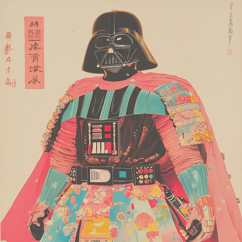 This vibrant artwork depicts Darth Vader in a striking, ukiyo-e-inspired design.  The iconic Star Wars villain is rendered in a pastel color palette, adorned with a flamboyant, patterned kimono and samurai-style armor. The contrast between the familiar Darth Vader and the traditional Japanese aesthetic creates a unique and visually arresting piece.  Japanese characters are visible in the upper left corner.