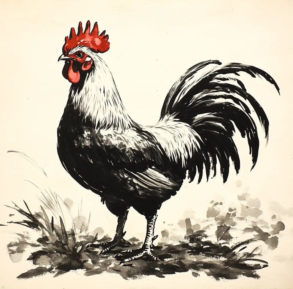 A striking watercolor painting depicts a rooster in profile view.  Its plumage is predominantly black and white, with a vibrant red comb. The rooster stands proudly amidst subtly rendered grasses, its tail feathers fanning out dramatically. The style suggests a blend of realism and impressionism, with loose brushstrokes adding texture and movement. The overall effect is one of elegant simplicity and natural grace.